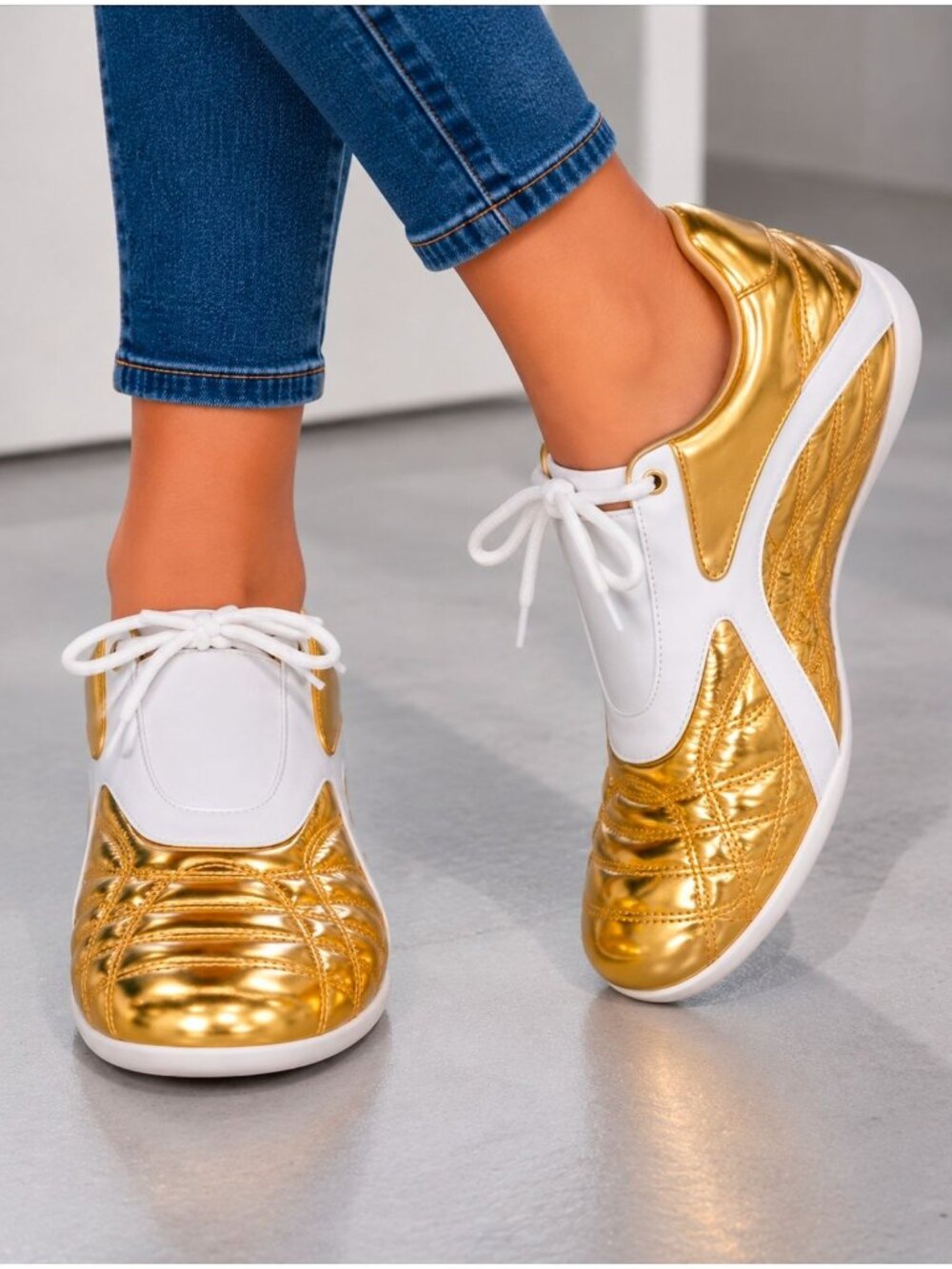 Gold & White Metallic Sneakers With Quilted Design Lace-Up Closure & Rubber Sole